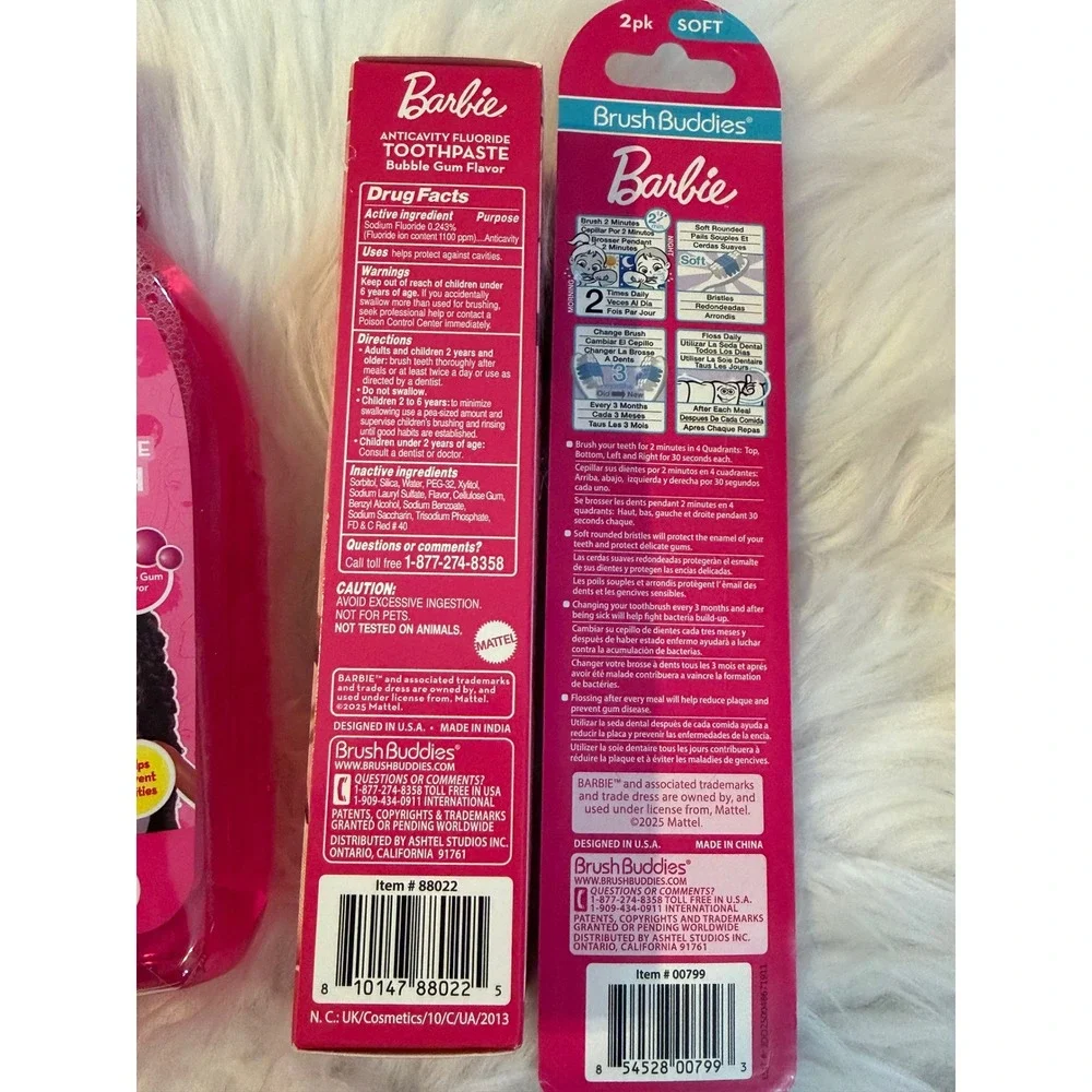 Barbie Brush Buddies Dental Set Mouthwash Toothpaste 2pk Toothbrushes Bubble Gum